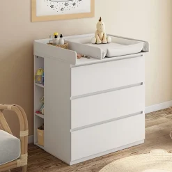 Commode à langer évolutive AMBRE blanc 3 tiroirs table à langer et 2 étagères amovibles