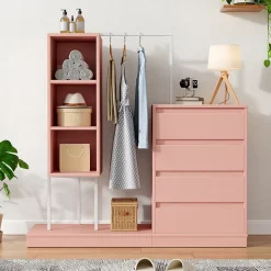 Commode - Meuble d'entrée avec Tiroirs et Étagères, Barre de Penderie Intégrée, Panneaux de Particules - 140x40x127,5 cm - Rose