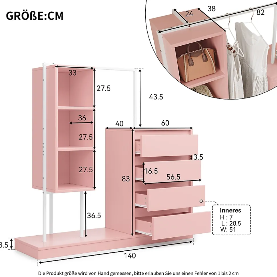 Commode - Meuble d'entrée avec Tiroirs et Étagères, Barre de Penderie Intégrée, Panneaux de Particules - 140x40x127,5 cm - Rose