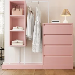 Commode - Meuble d'entrée avec Tiroirs et Étagères, Barre de Penderie Intégrée, Panneaux de Particules - 140x40x127,5 cm - Rose