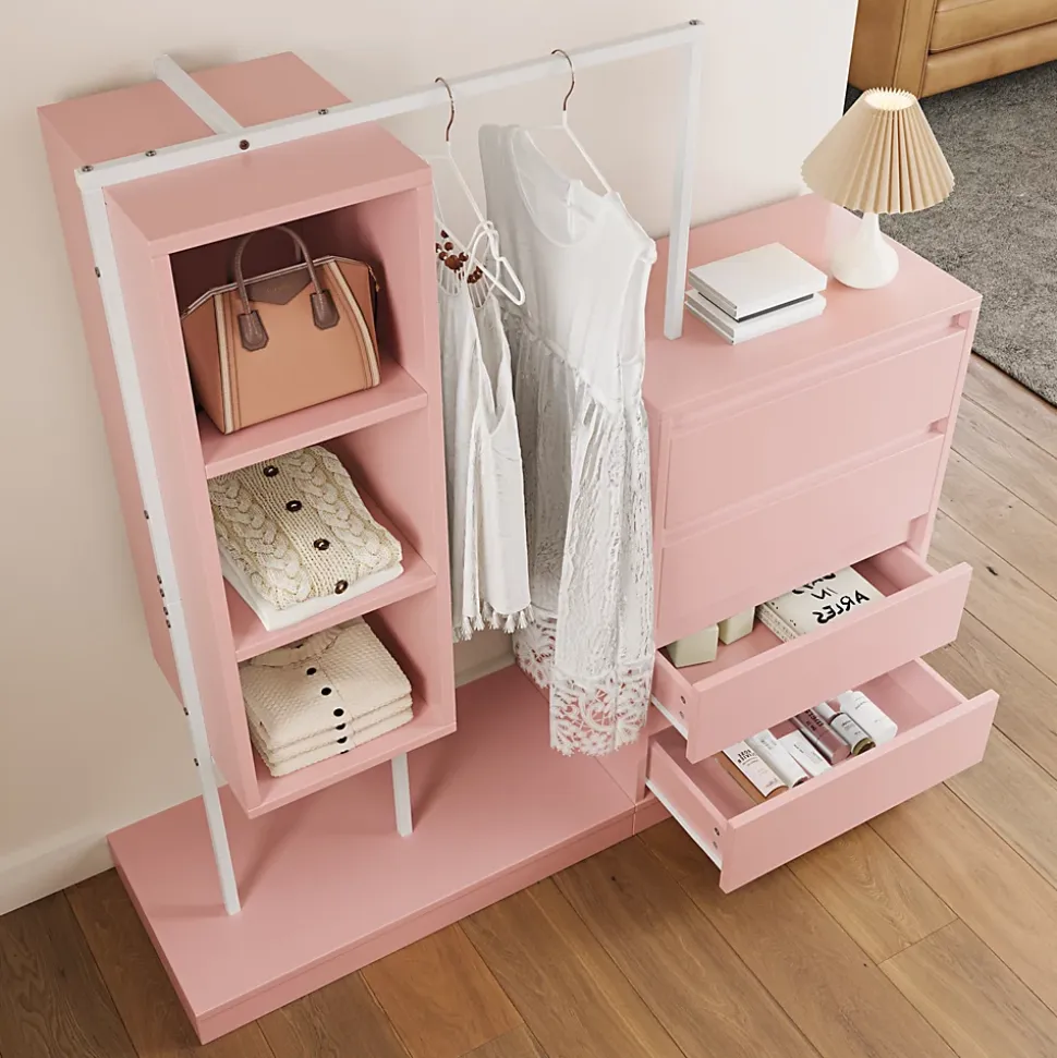 Commode - Meuble d'entrée avec Tiroirs et Étagères, Barre de Penderie Intégrée, Panneaux de Particules - 140x40x127,5 cm - Rose