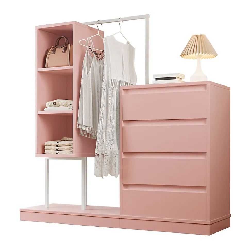 Commode - Meuble d'entrée avec Tiroirs et Étagères, Barre de Penderie Intégrée, Panneaux de Particules - 140x40x127,5 cm - Rose