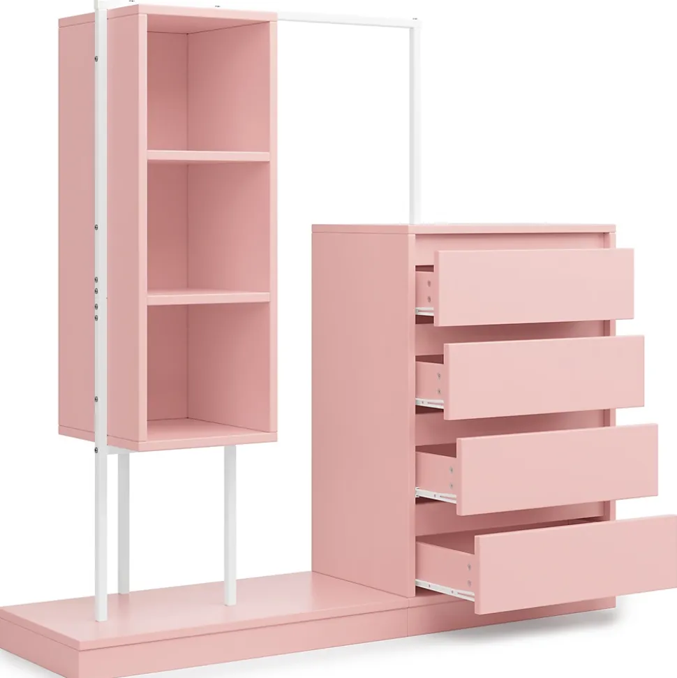 Commode - Meuble d'entrée avec Tiroirs et Étagères, Barre de Penderie Intégrée, Panneaux de Particules - 140x40x127,5 cm - Rose