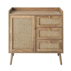 Commode 1 porte 3 tiroirs avec façades en rotin et pieds en bois L80 cm - PALMO