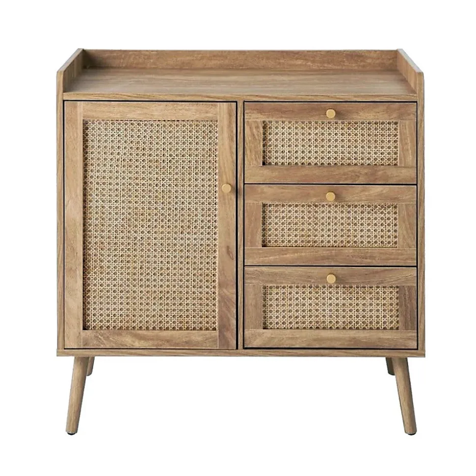 Commode 1 porte 3 tiroirs avec façades en rotin et pieds en bois L80 cm - PALMO