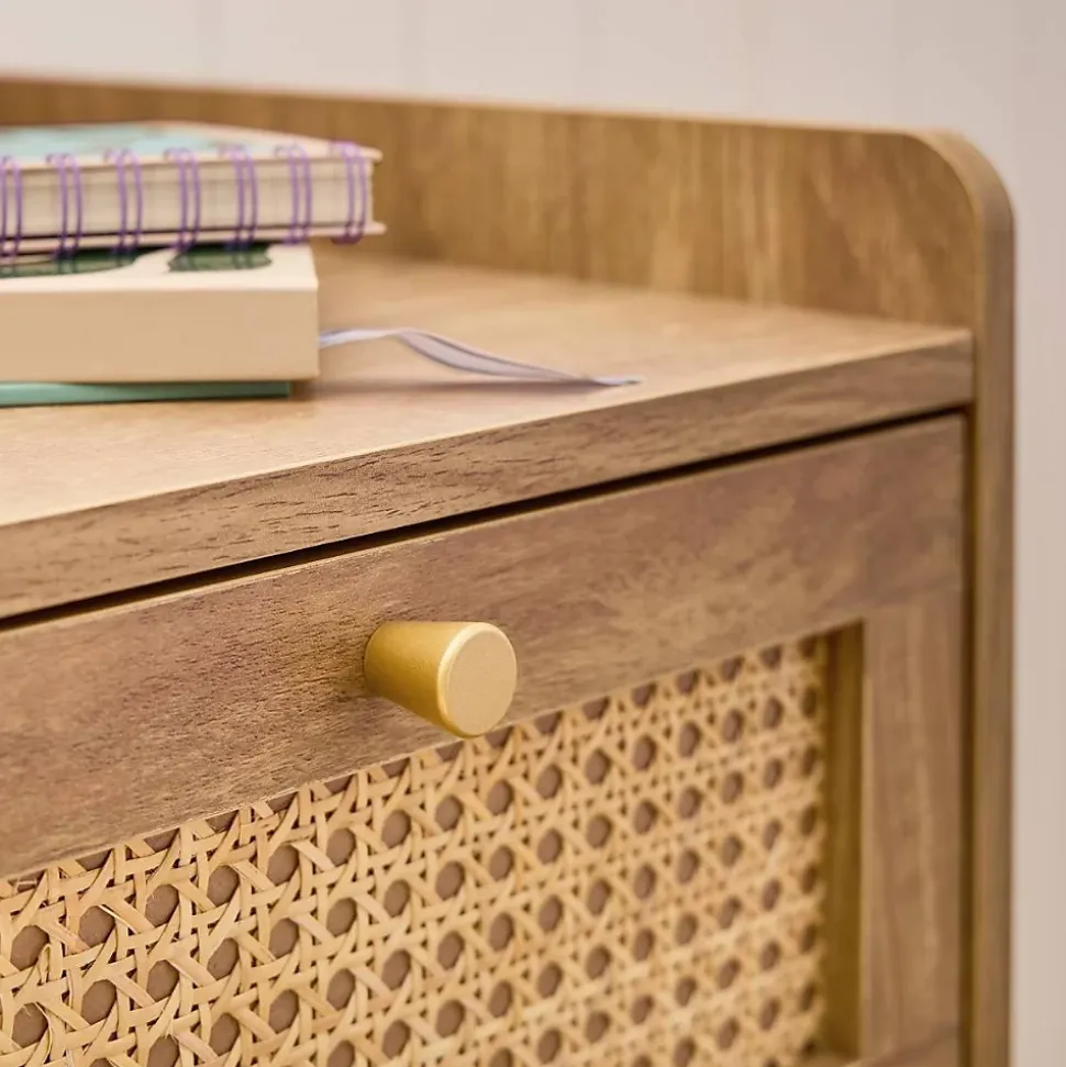 Commode 1 porte 3 tiroirs avec façades en rotin et pieds en bois L80 cm - PALMO