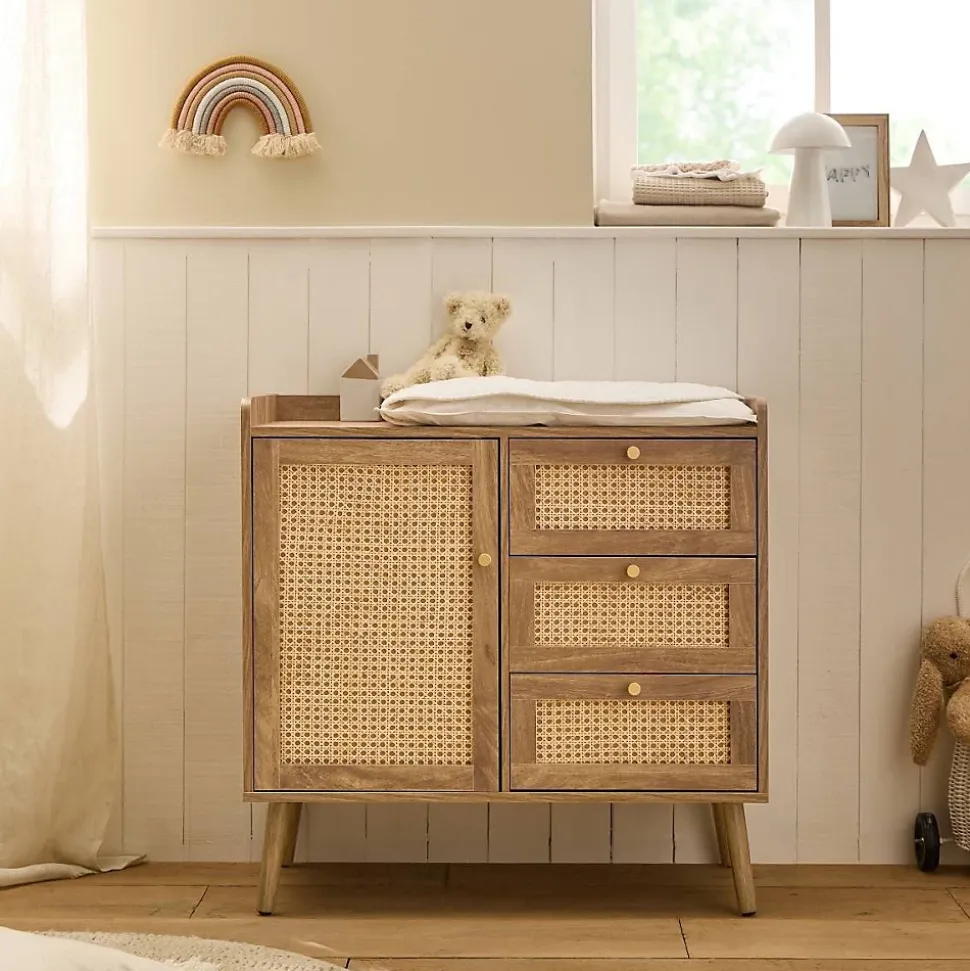 Commode 1 porte 3 tiroirs avec façades en rotin et pieds en bois L80 cm - PALMO