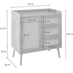 Commode 1 porte 3 tiroirs avec façades en rotin et pieds en bois L80 cm - PALMO