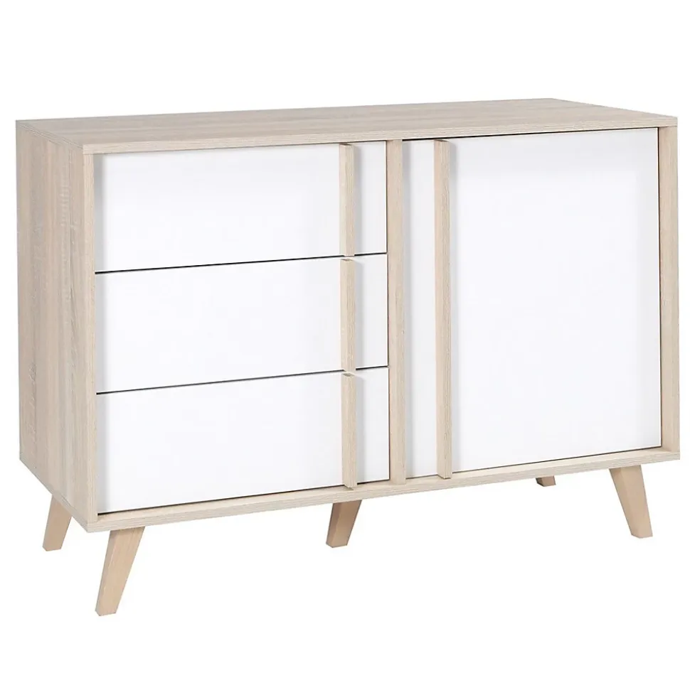 Commode 1 porte et 3 tiroirs MALMO coloris chene clair et blanc