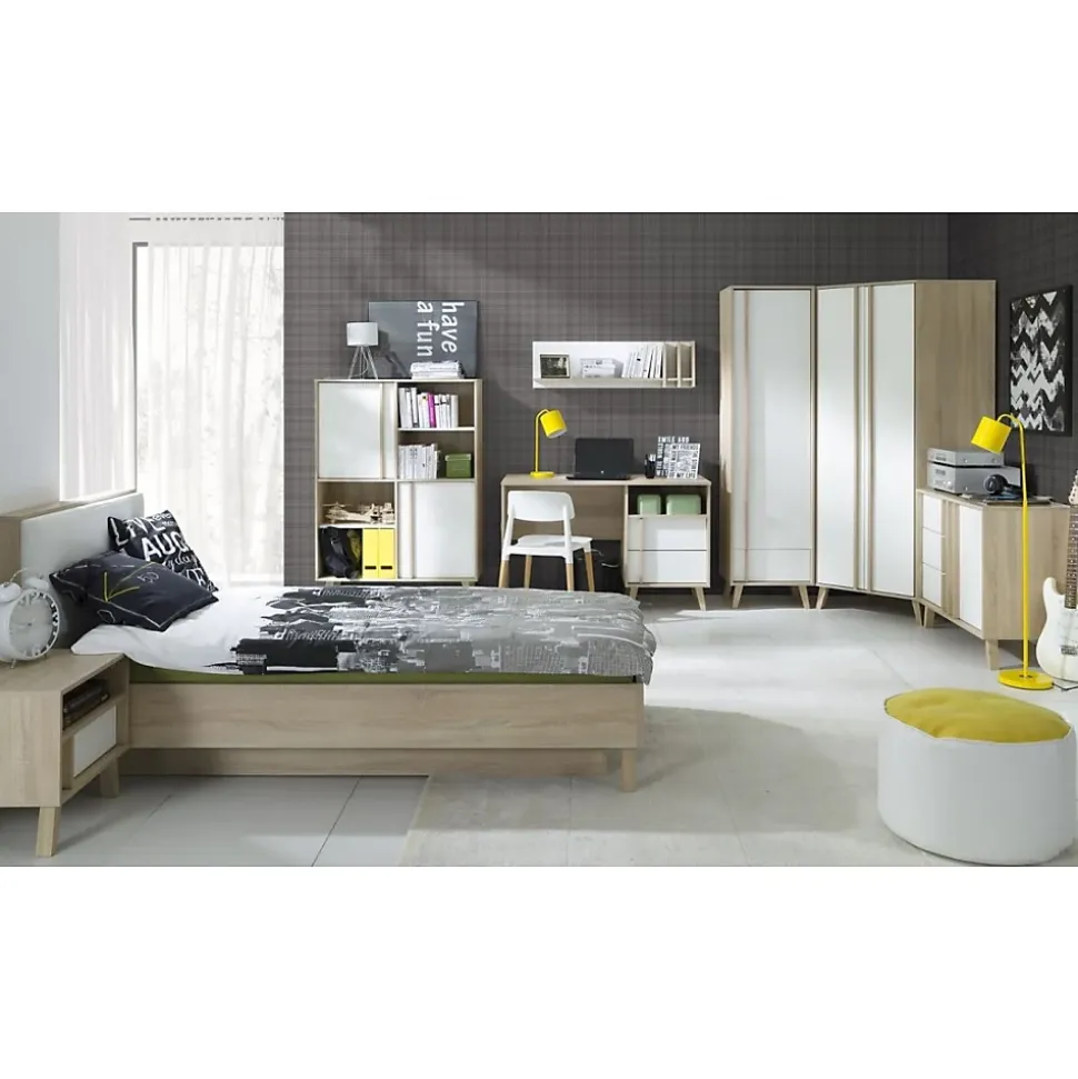 Commode 1 porte et 3 tiroirs MALMO coloris chene clair et blanc