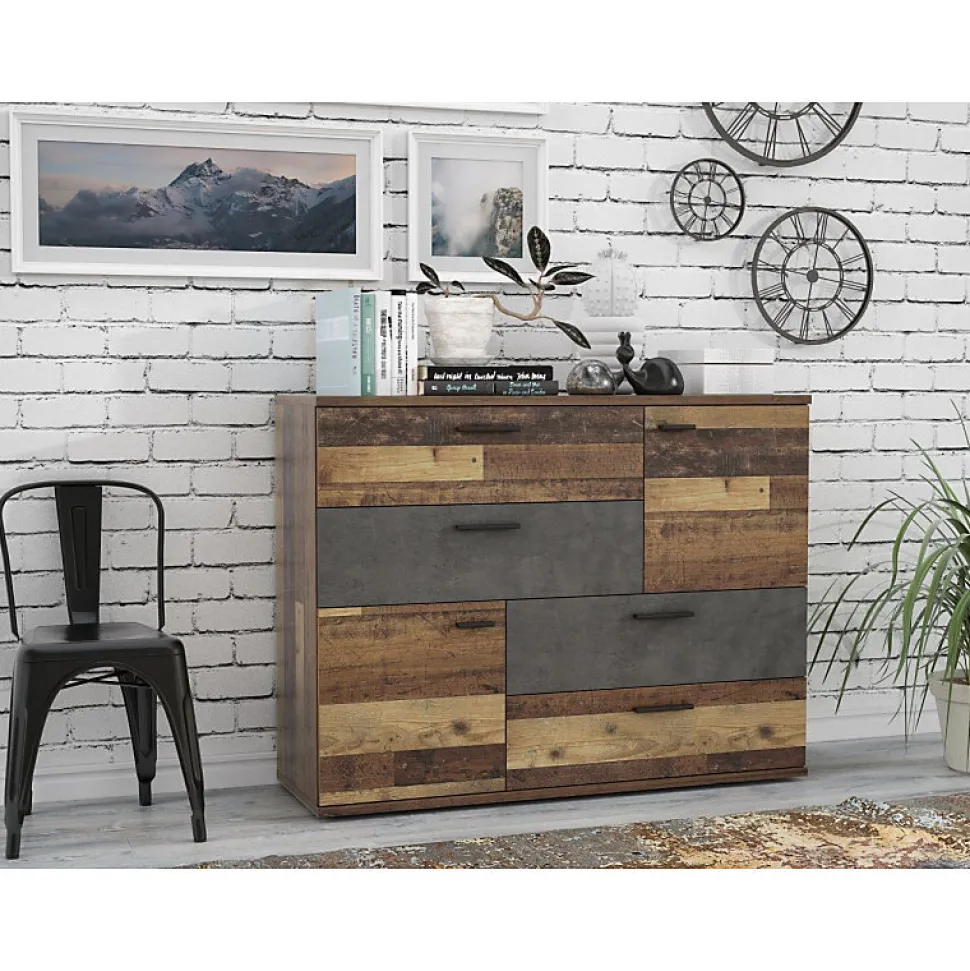 Commode 2 portes 4 tiroirs décor bois vintage béton gris - DEST