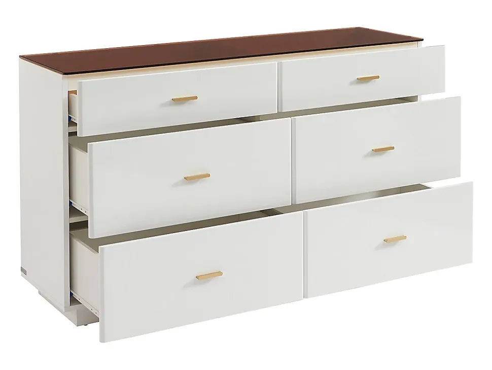 Commode 6 tiroirs - MDF et verre trempé - Blanc laqué et marron - MATIRINA