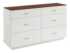Commode 6 tiroirs - MDF et verre trempé - Blanc laqué et marron - MATIRINA