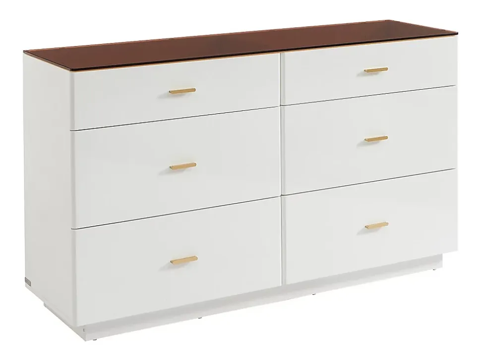 Commode 6 tiroirs - MDF et verre trempé - Blanc laqué et marron - MATIRINA