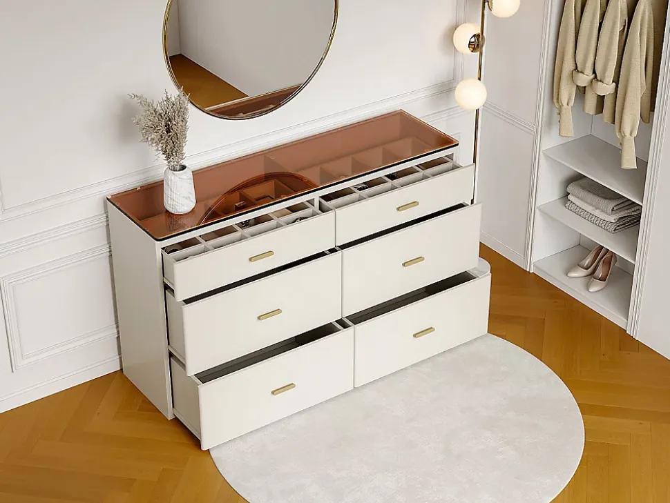 Commode 6 tiroirs - MDF et verre trempé - Blanc laqué et marron - MATIRINA