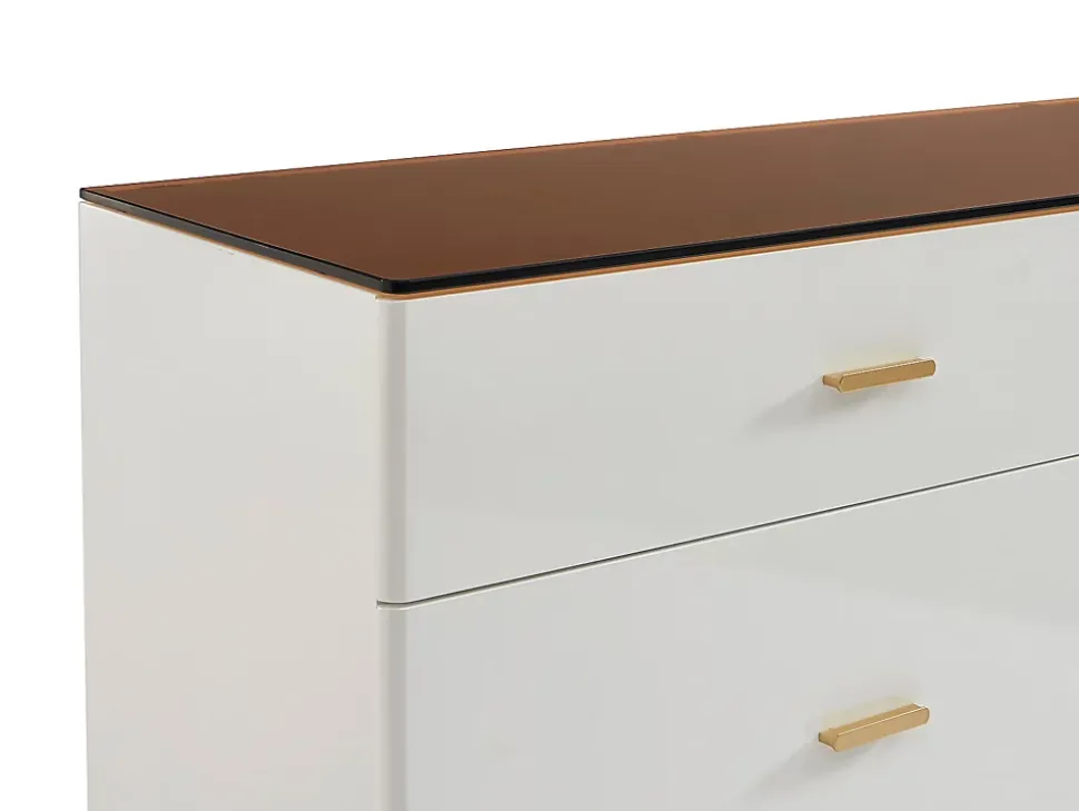 Commode 6 tiroirs - MDF et verre trempé - Blanc laqué et marron - MATIRINA