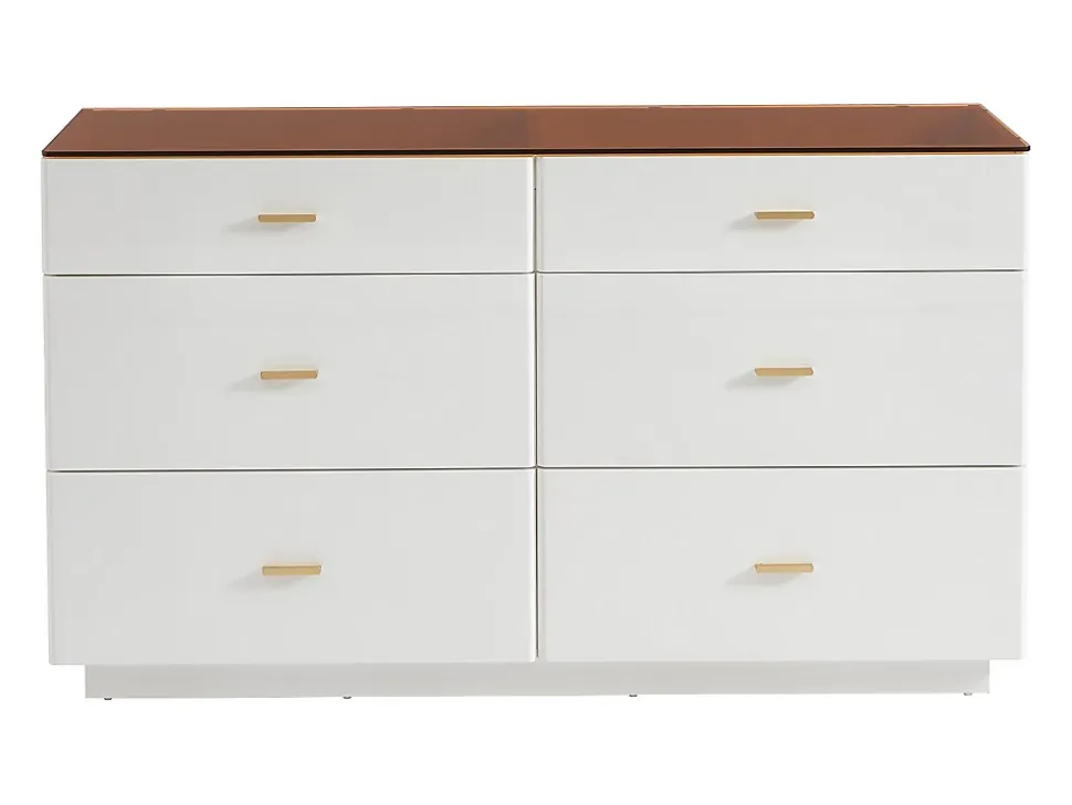 Commode 6 tiroirs - MDF et verre trempé - Blanc laqué et marron - MATIRINA