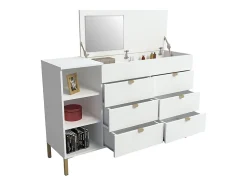 Commode 6 tiroirs, 3 niches et 1 coffre - Avec miroir - Blanc et doré - ONISHA