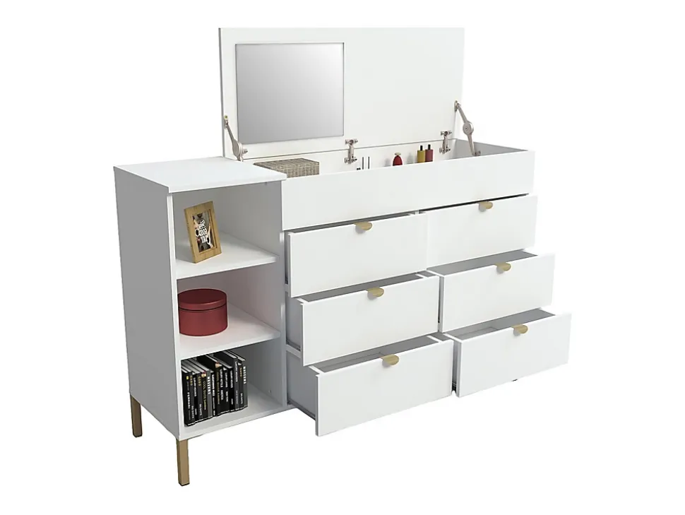 Commode 6 tiroirs, 3 niches et 1 coffre - Avec miroir - Blanc et doré - ONISHA