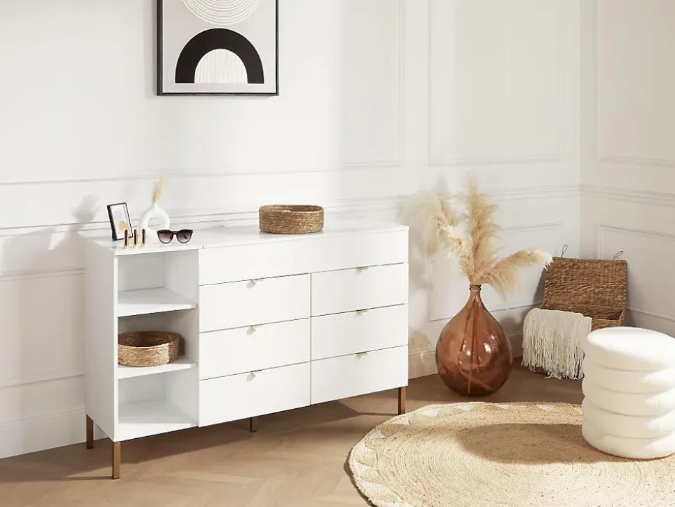 Commode 6 tiroirs, 3 niches et 1 coffre - Avec miroir - Blanc et doré - ONISHA