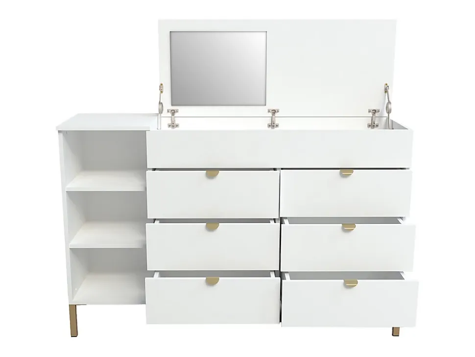 Commode 6 tiroirs, 3 niches et 1 coffre - Avec miroir - Blanc et doré - ONISHA