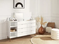 Commode 6 tiroirs, 3 niches et 1 coffre - Avec miroir - Blanc et doré - ONISHA