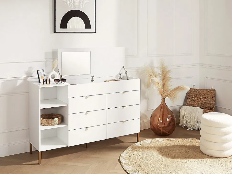 Commode 6 tiroirs, 3 niches et 1 coffre - Avec miroir - Blanc et doré - ONISHA