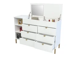 Commode 6 tiroirs, 3 niches et 1 coffre - Avec miroir - Blanc et doré - ONISHA