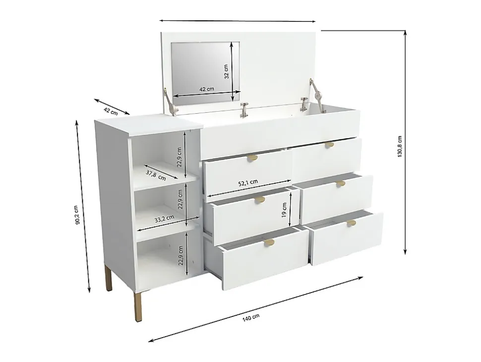 Commode 6 tiroirs, 3 niches et 1 coffre - Avec miroir - Blanc et doré - ONISHA
