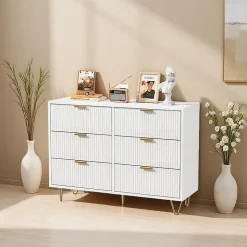 Commode 6 tiroirs à ondulations - Blanc, rangement élégant et pratique pour chambre, salon ou bureau