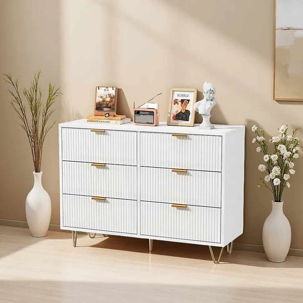 Commode 6 tiroirs à ondulations - Blanc, rangement élégant et pratique pour chambre, salon ou bureau