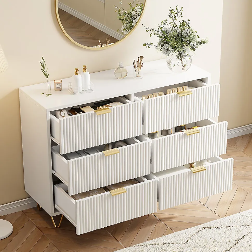 Commode 6 tiroirs à ondulations - Blanc, rangement élégant et pratique pour chambre, salon ou bureau