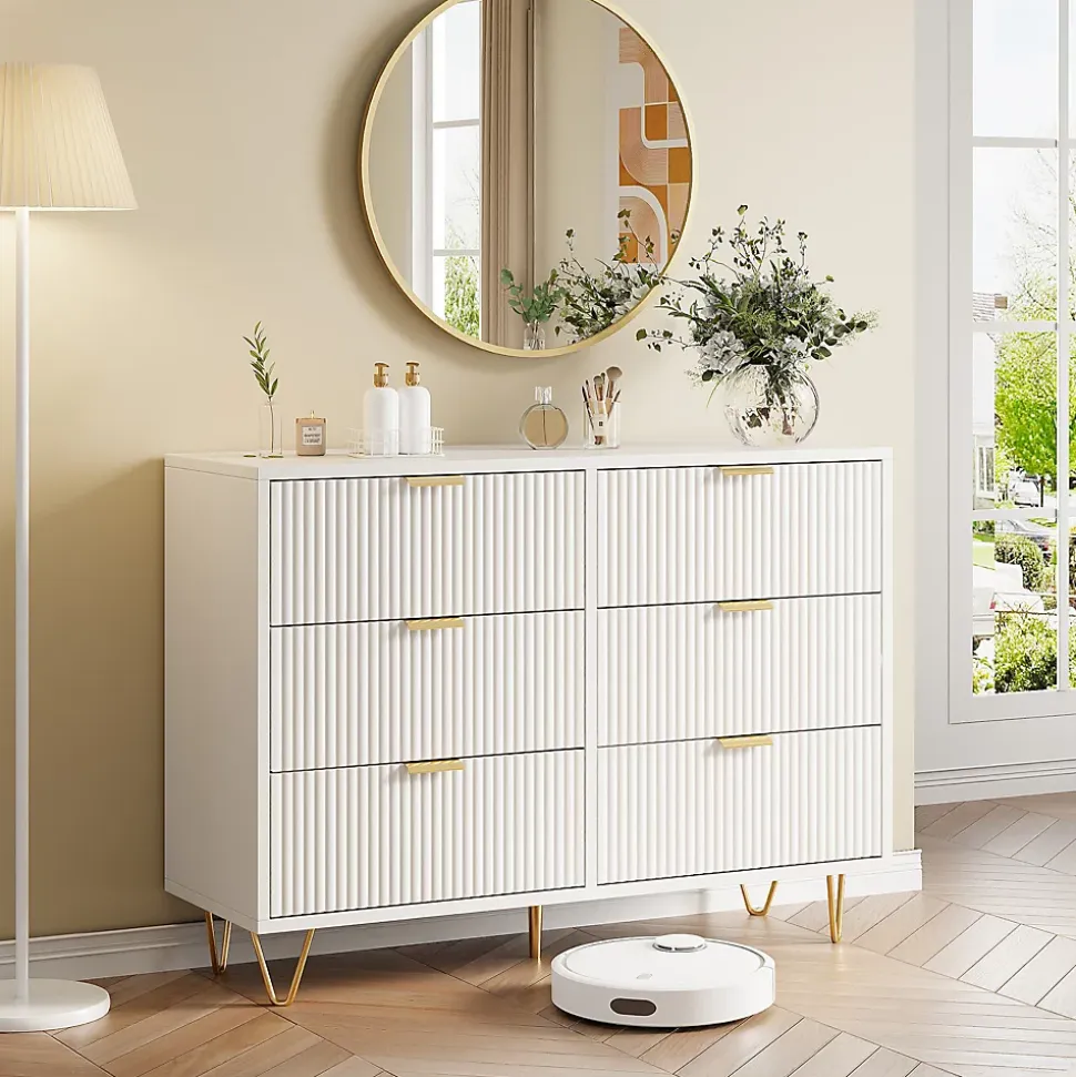 Commode 6 tiroirs à ondulations - Blanc, rangement élégant et pratique pour chambre, salon ou bureau