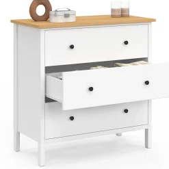 Commode 3 tiroirs ACHILLE 80 cm bois blanc plateau bois