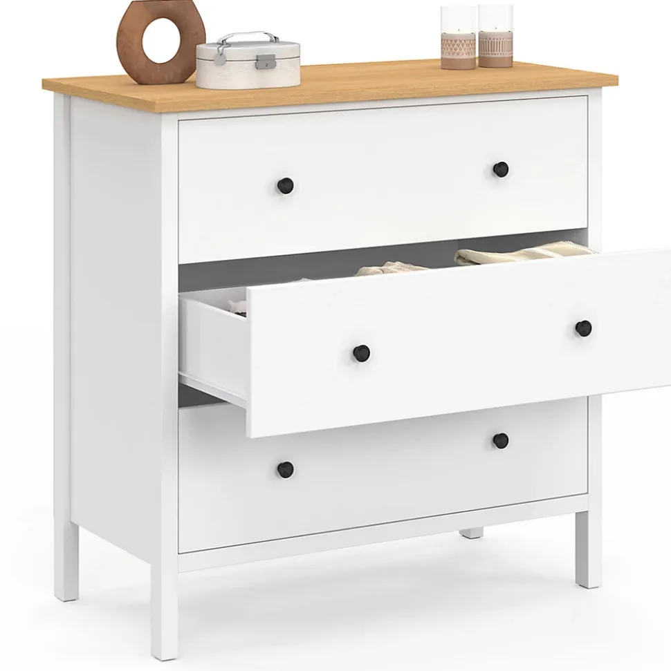 Commode 3 tiroirs ACHILLE 80 cm bois blanc plateau bois