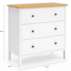 Commode 3 tiroirs ACHILLE 80 cm bois blanc plateau bois