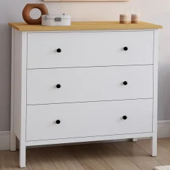 Commode 3 tiroirs ACHILLE 80 cm bois blanc plateau bois