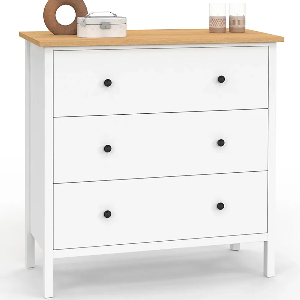 Commode 3 tiroirs ACHILLE 80 cm bois blanc plateau bois
