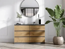 Commode 6 Tiroirs, Anthracite / Chêne Lancelot, 120 x 39 x 79 Cm