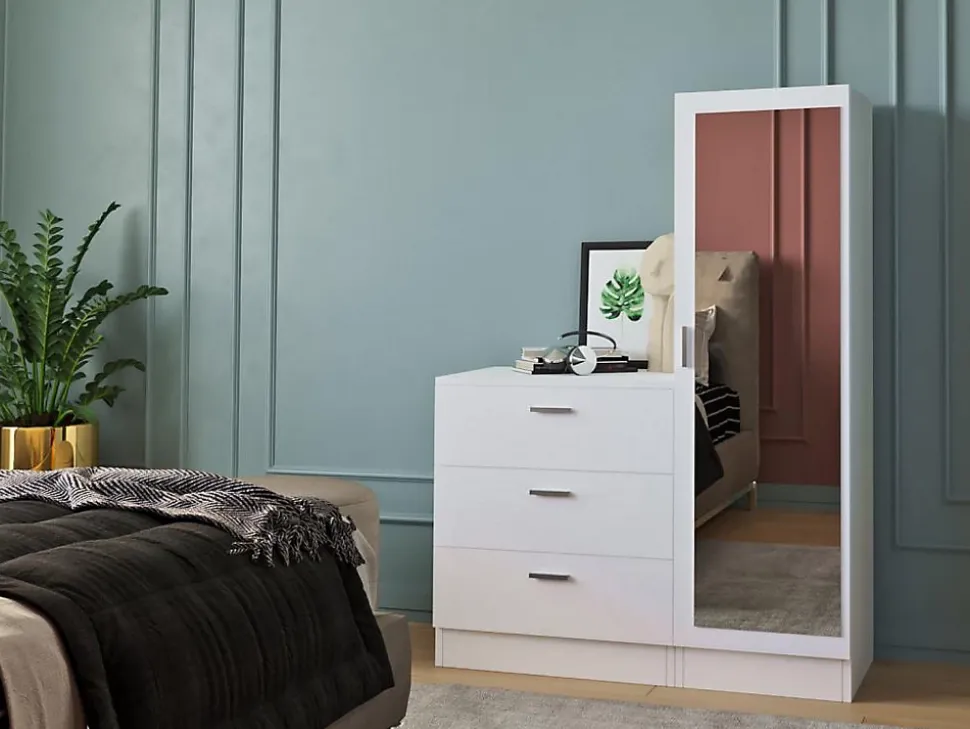 Commode 3 tiroirs avec armoire et miroir - Blanc - VITORIO