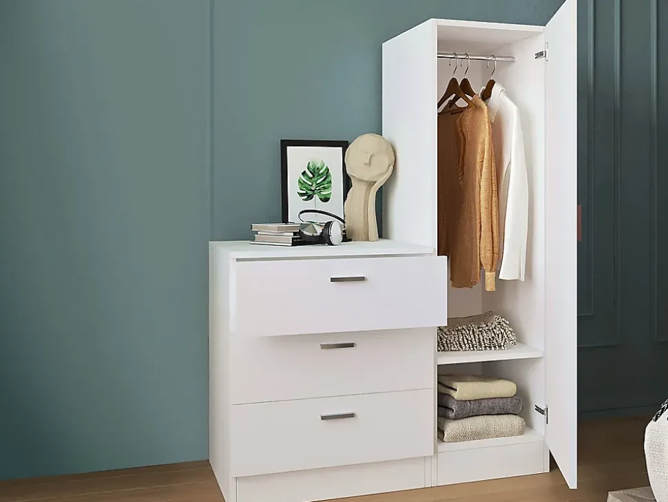 Commode 3 tiroirs avec armoire et miroir - Blanc - VITORIO
