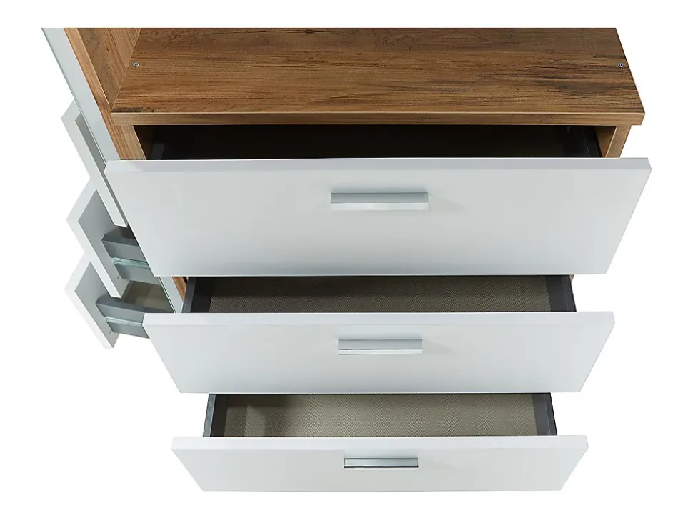 Commode 3 tiroirs avec armoire et miroir - Blanc et naturel - VITORIO