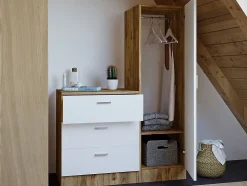 Commode 3 tiroirs avec armoire et miroir - Blanc et naturel - VITORIO