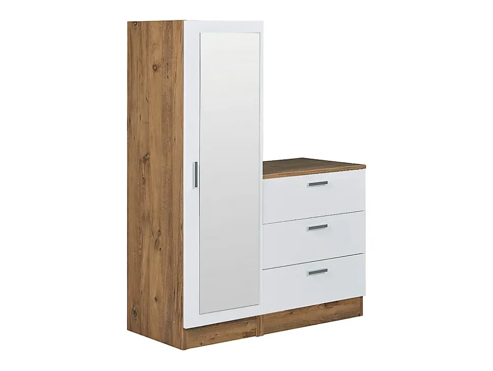 Commode 3 tiroirs avec armoire et miroir - Blanc et naturel - VITORIO