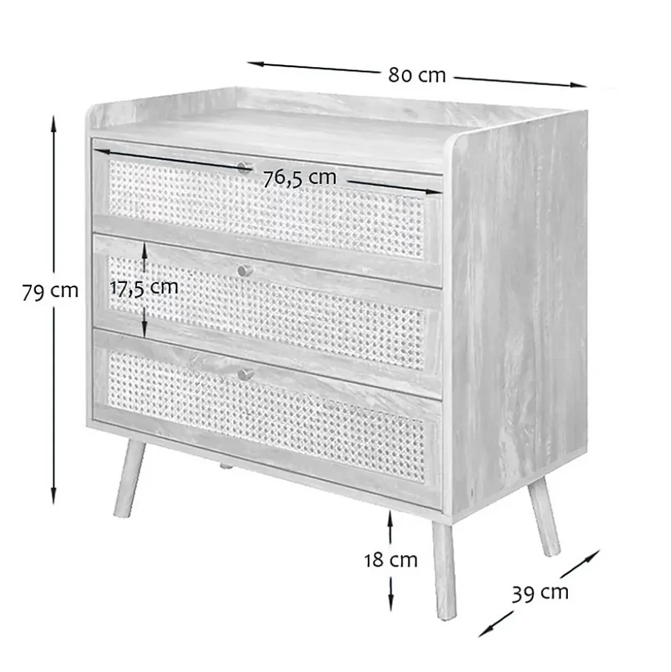 Commode 3 tiroirs avec façades en rotin naturel L80 cm - PALMO