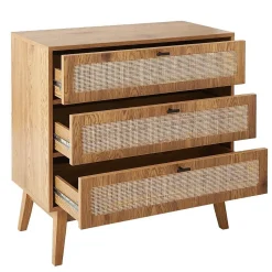 Commode 3 tiroirs avec façades en rotin et pieds en bois L80 cm - ALIA
