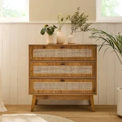 Commode 3 tiroirs avec façades en rotin et pieds en bois L80 cm - ALIA