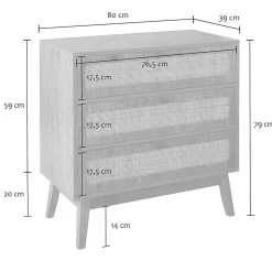 Commode 3 tiroirs avec façades en rotin et pieds en bois L80 cm - ALIA