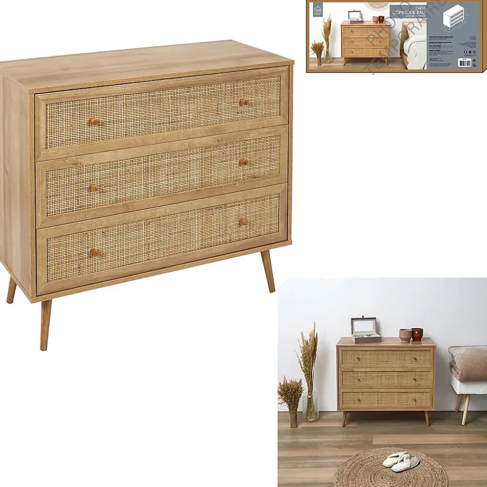 Commode 3 tiroirs Bali en cannage et panneaux de particules