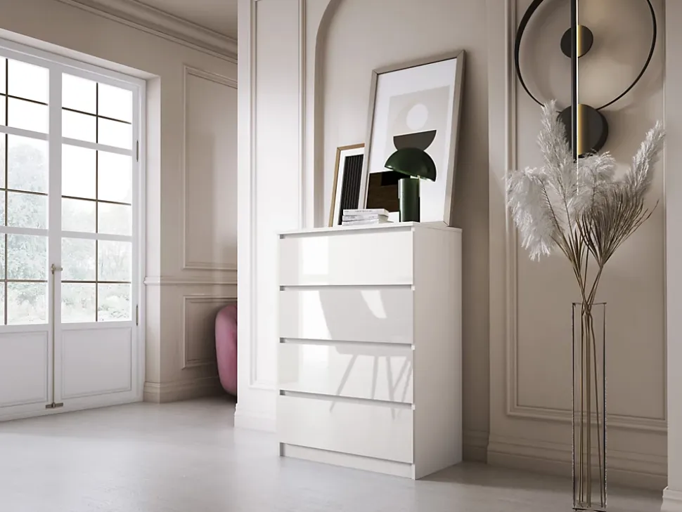 Commode 4 Tiroirs, Blanc Mat / Blanc Brillant, 70 X 39 X 101 Cm